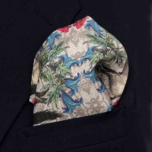 Hand Stitched European Linen Pocket Square Horses Floral Tan Red Blue Men's - Picture 3 of 4